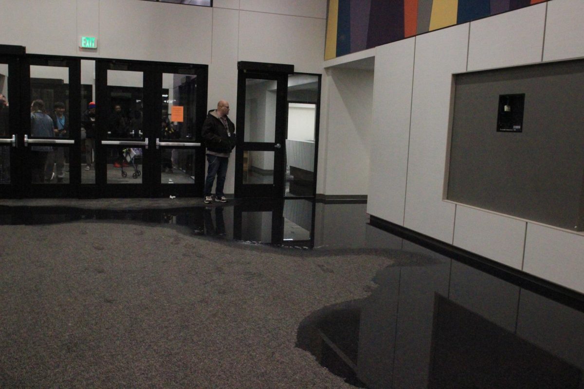 The Welcome Center entrance (door #2) shows significant flooding. A sprinkler pipe in the newly renovated music wing, above the Welcome Center and cafeteria, burst and flooded parts of the music wing as well as the levels below, including into the tunnels below the school that are nearest the music wing.